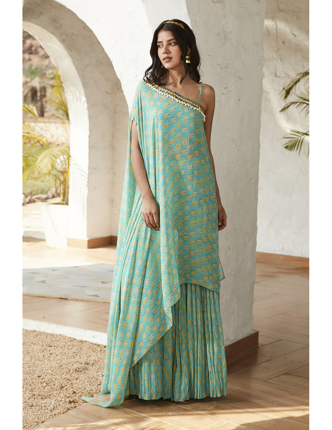 Firozi Chinon Heavy Embroidered Short Kurti Sharara Set with Beautiful Duppata main image 1