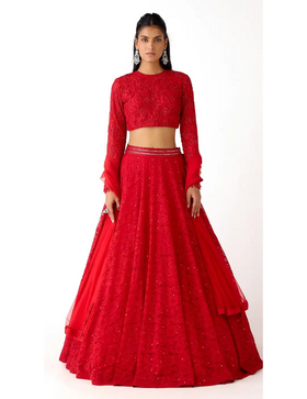 Red Chantilly Net Embroidered Lehenga Set