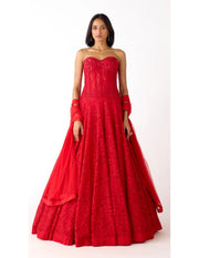 Red Chantley Net Embroidered Lehenga Set
