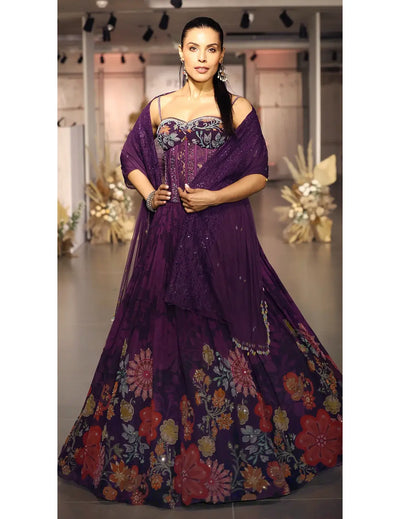 Purple Georgette Embroidered Lehenga Set
