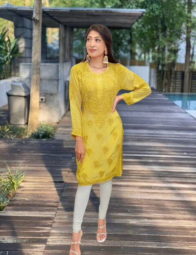 Yellow Silk Chikankari Kurti