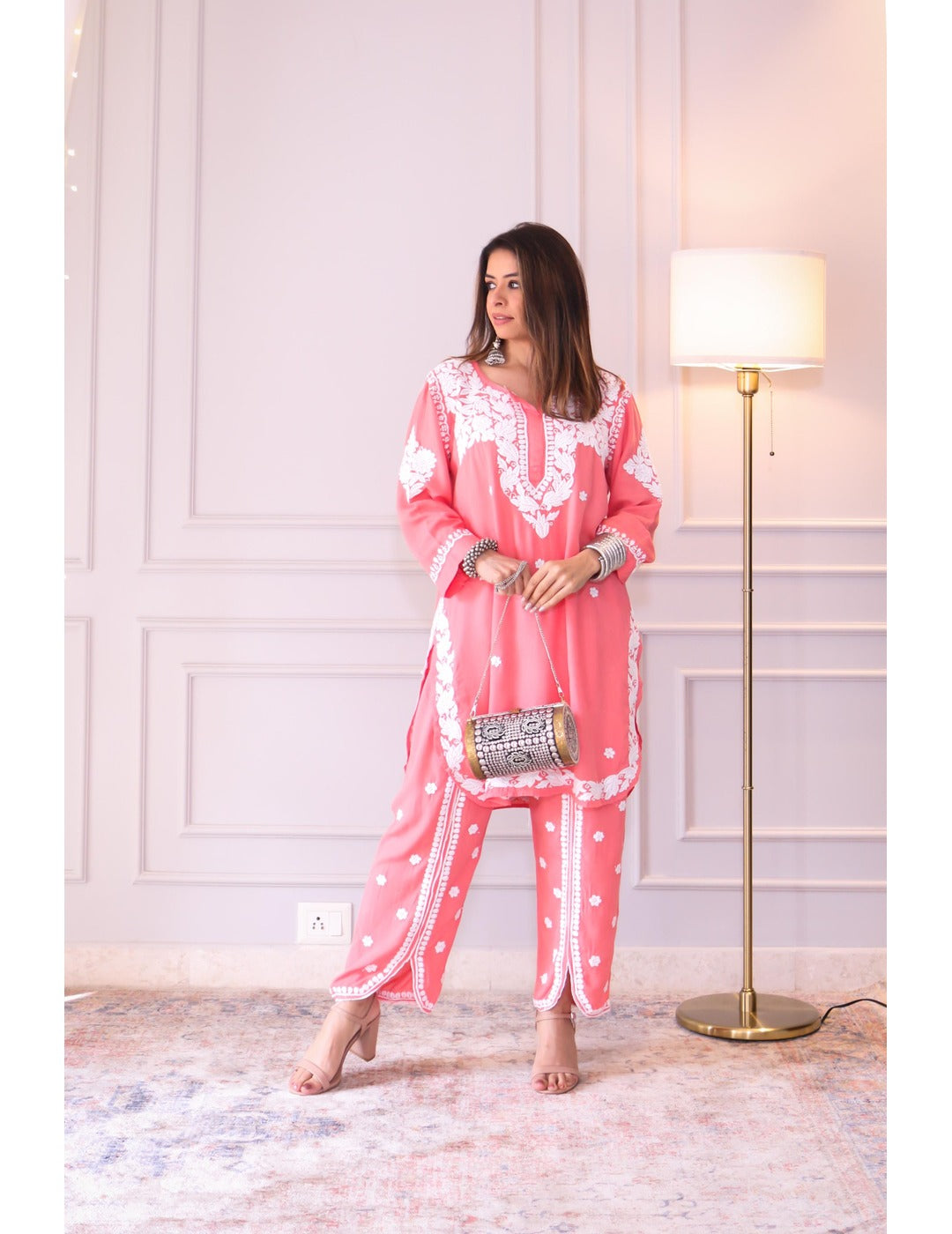 Peachy Pink Modal Chikankari Set