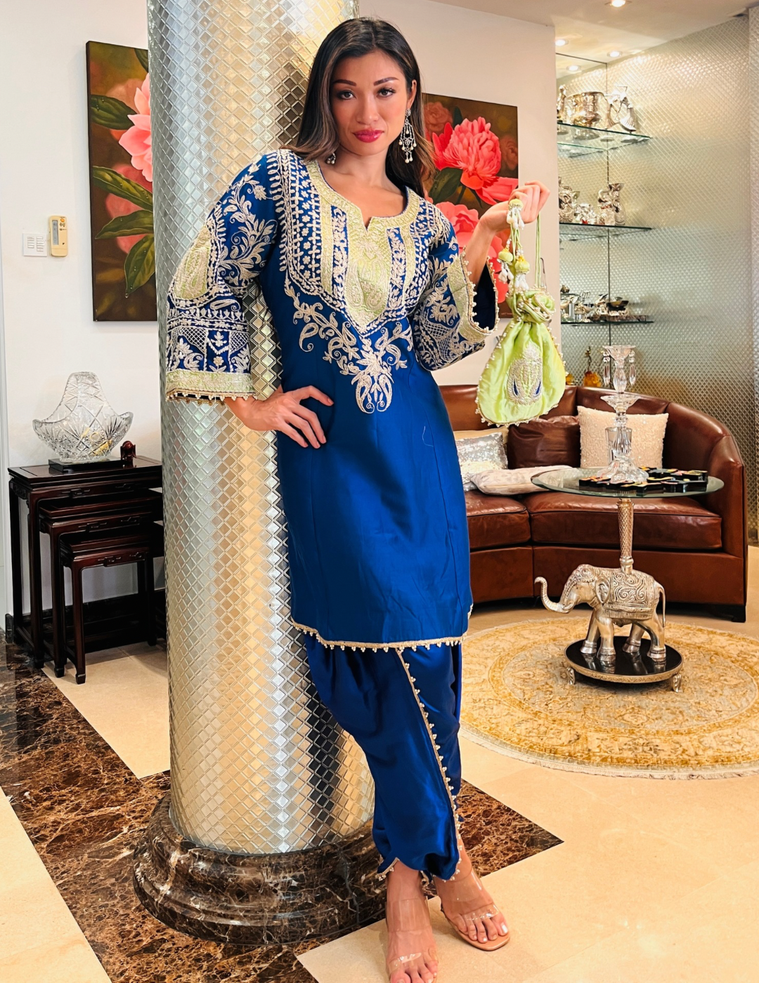 Embroidered Dark Blue Dhoti Set