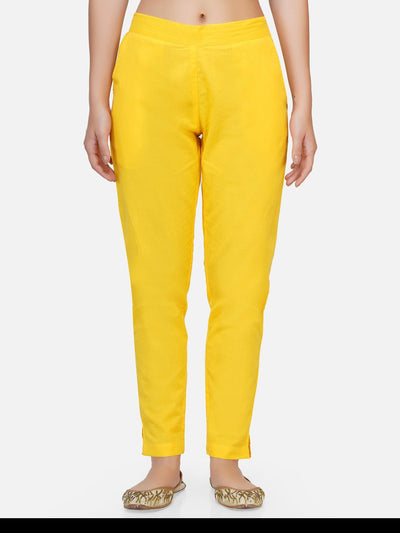 Yellow cotton solid tapered pants