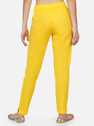 Yellow cotton solid tapered pants