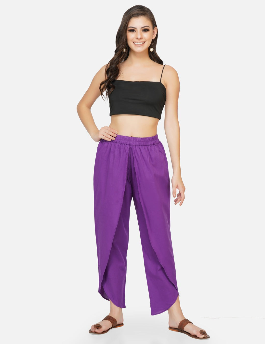 Cotton purple solid overlapping dhoti style pants