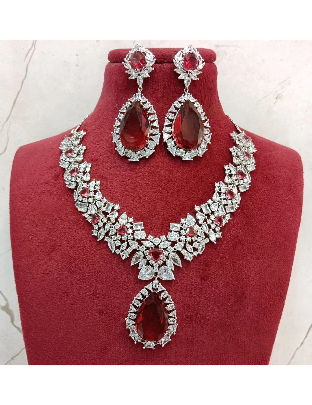 Ruby Red Silver Necklace Set