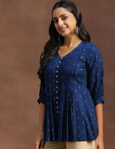 Blue Woven Design Cotton Blend A-line Kurti