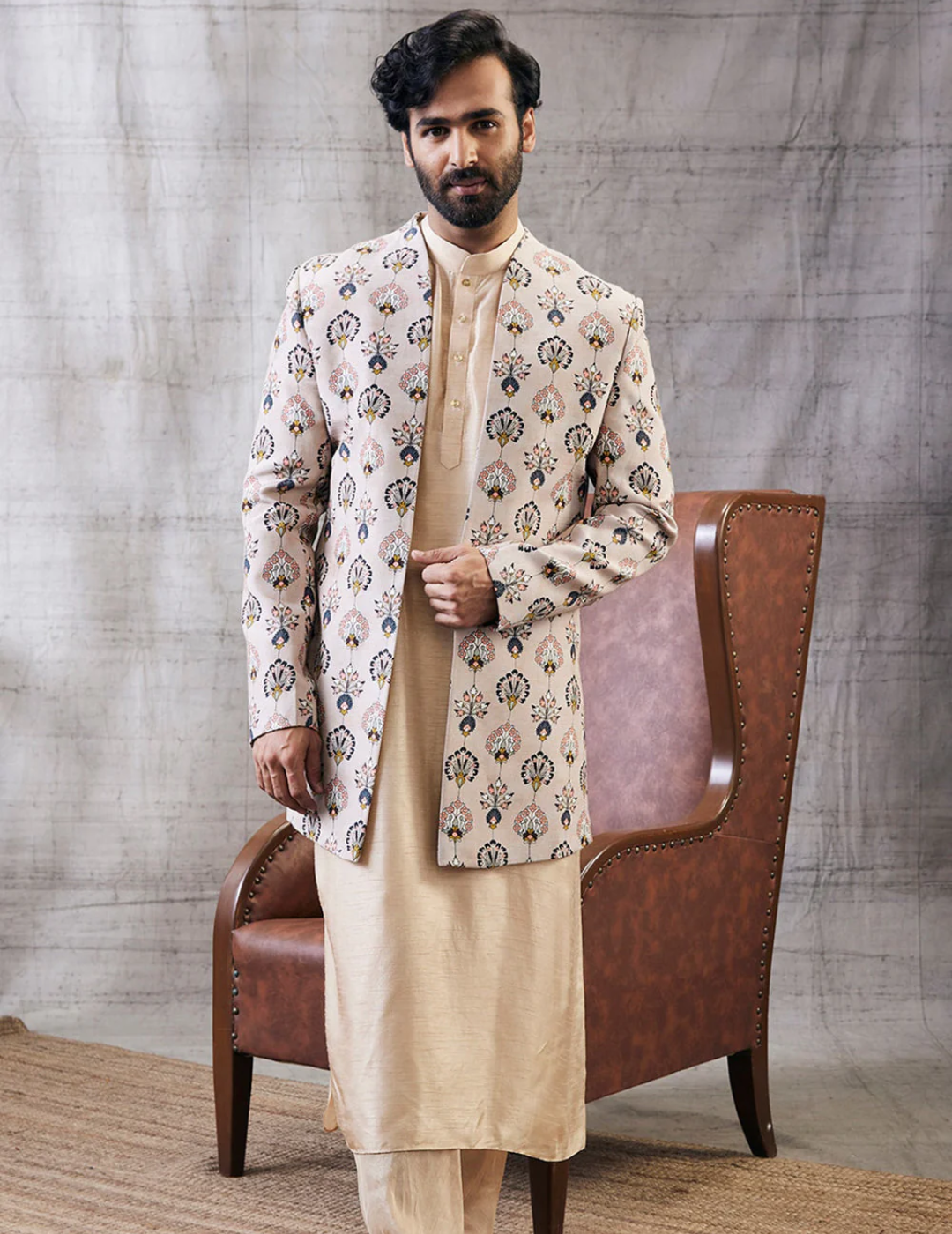 Sarouk Printed Longline Jacket With Kurta Set