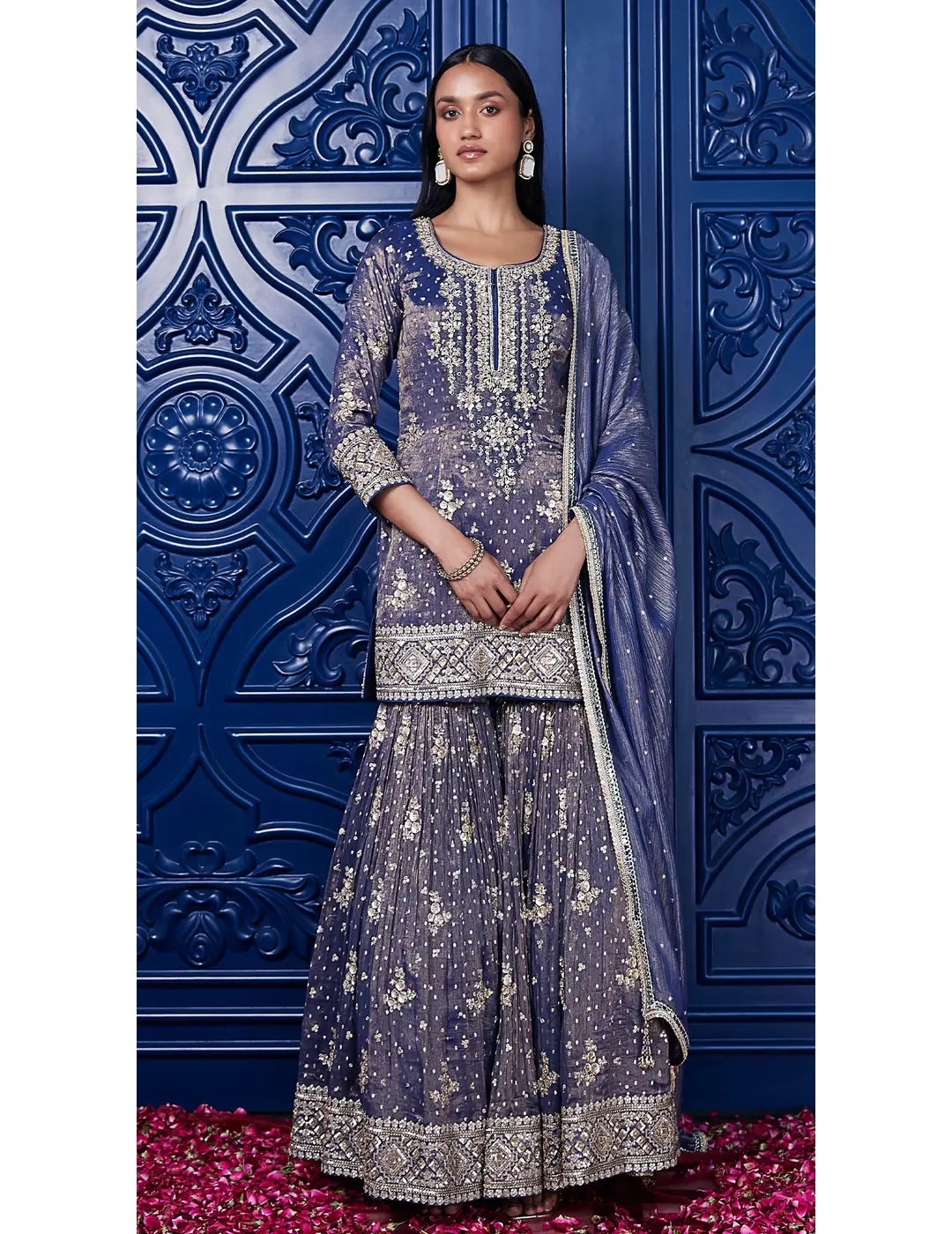 Blue Tissue Embroidered Sharara Set