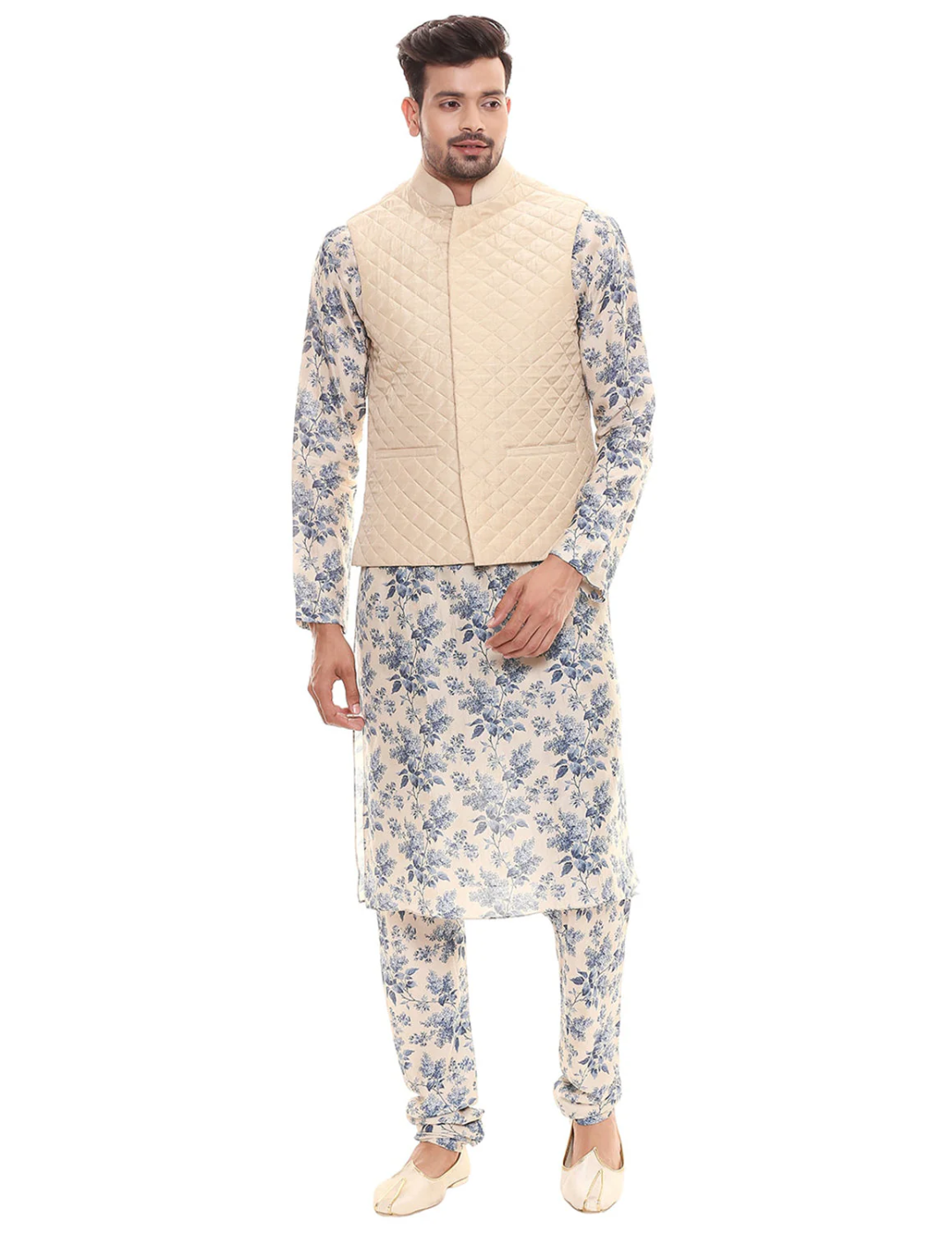 Applique Floral Kurta Set With Chudidaar And Quilted Sleeveless Jacket