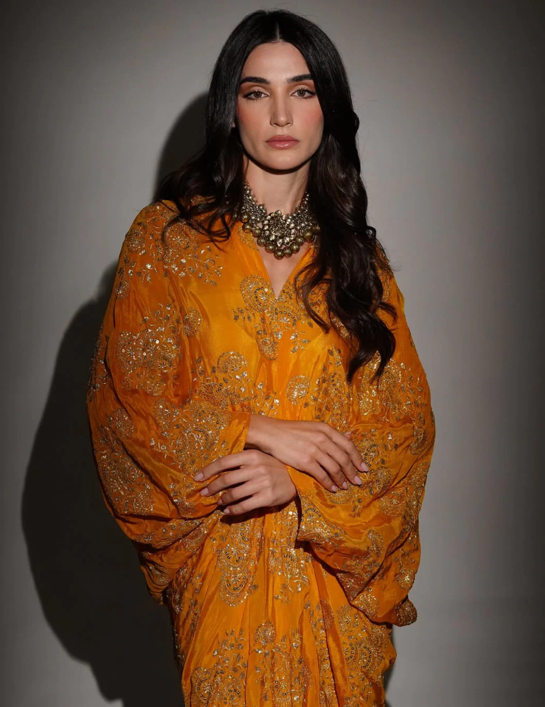 Yellow & Gold Chinon Embroidered Midi Dress