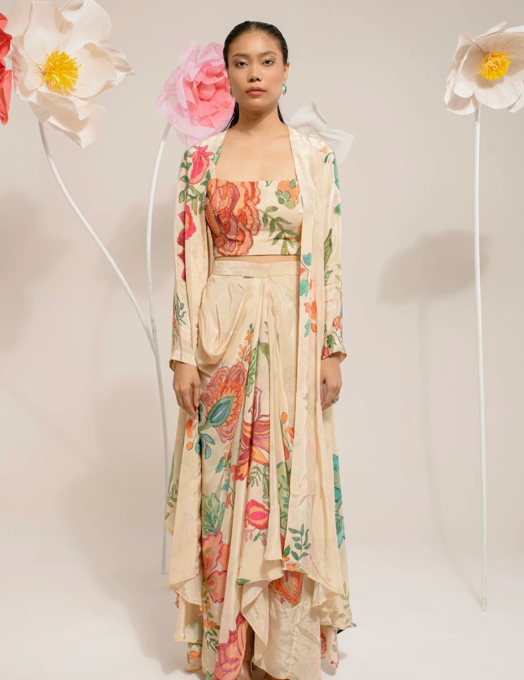 Cream Digital Print Jacket Set