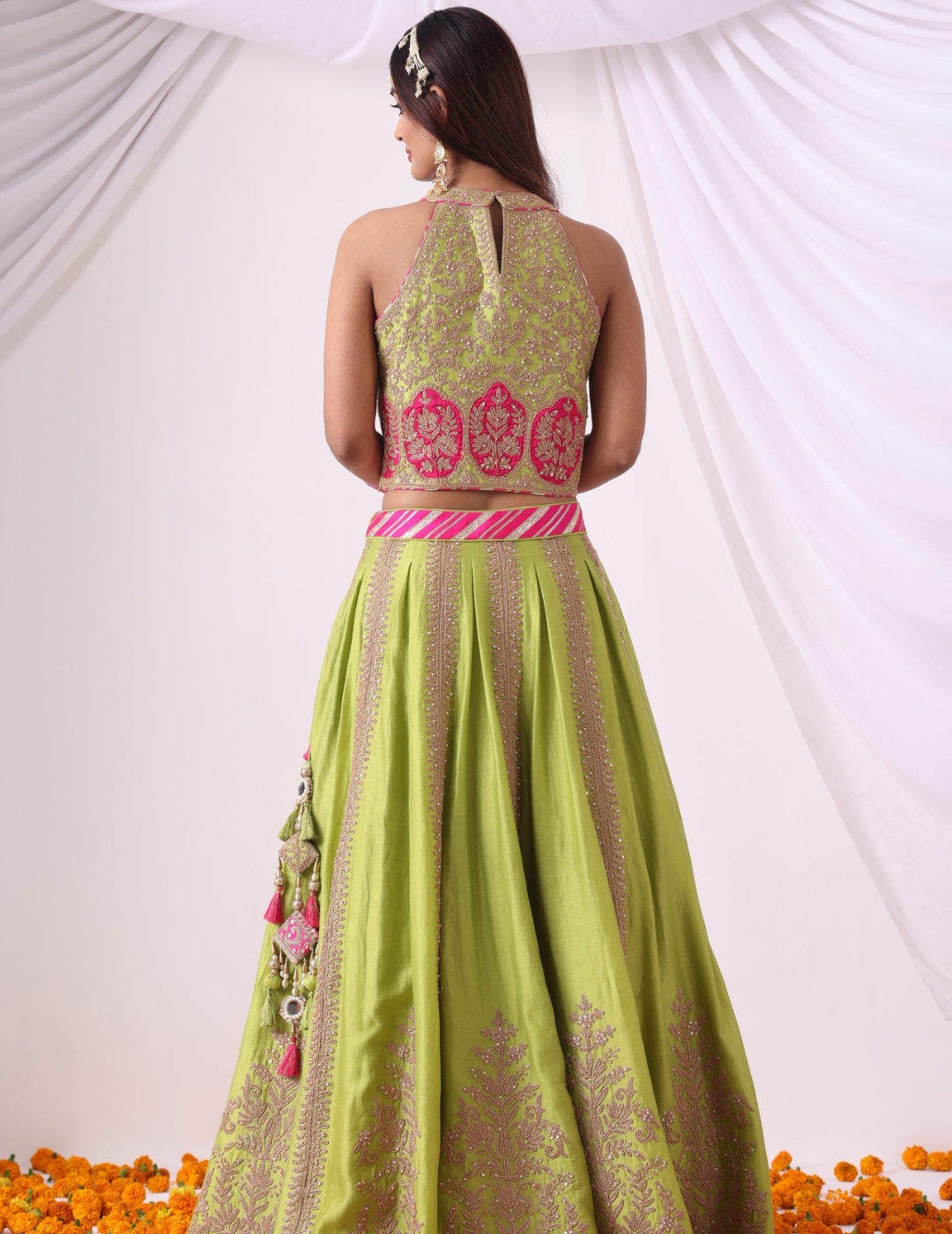 Sitara Parrot Green Zari Chanderi Lehenga Set