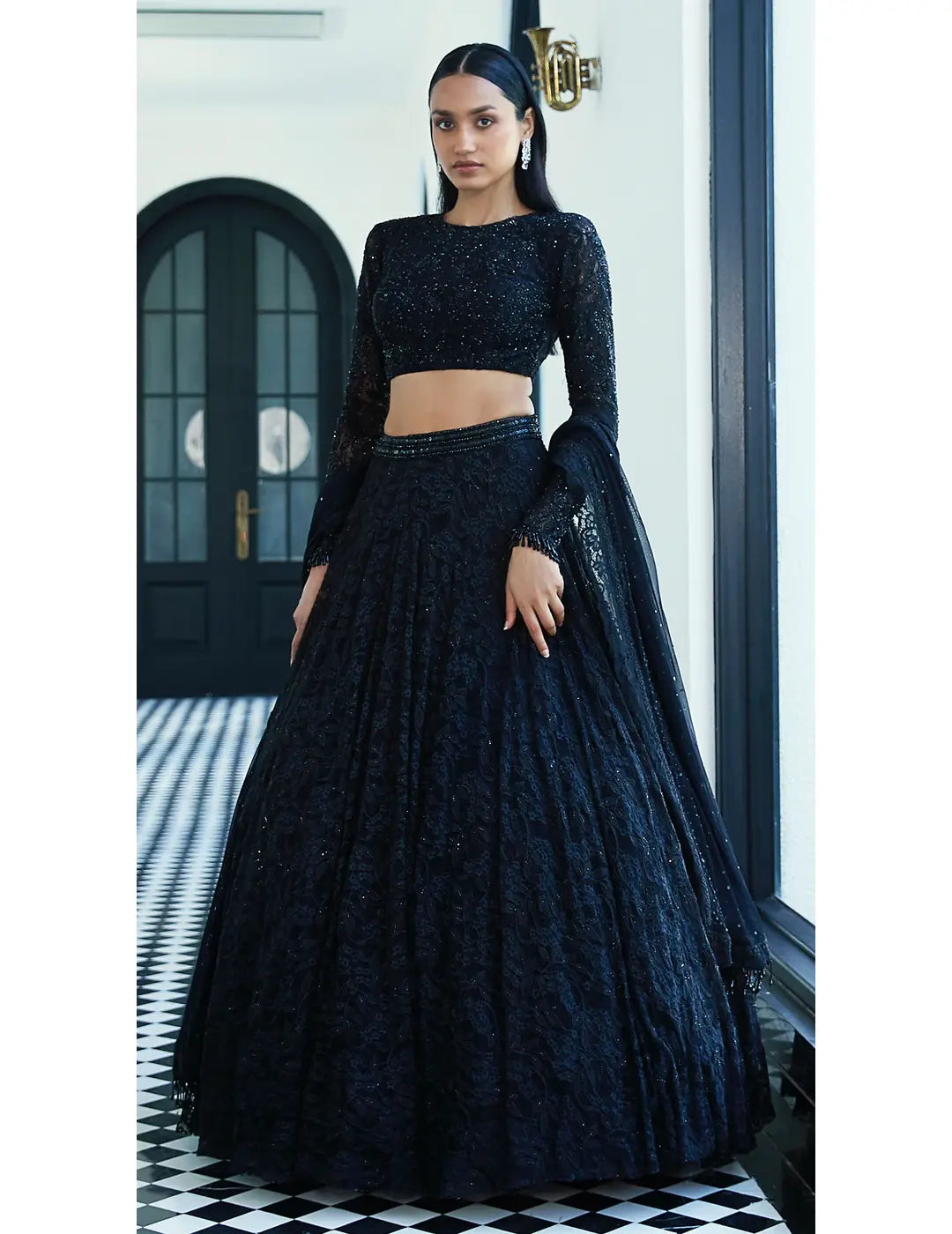 Black Chantilly Net Embroidered Lehenga Set