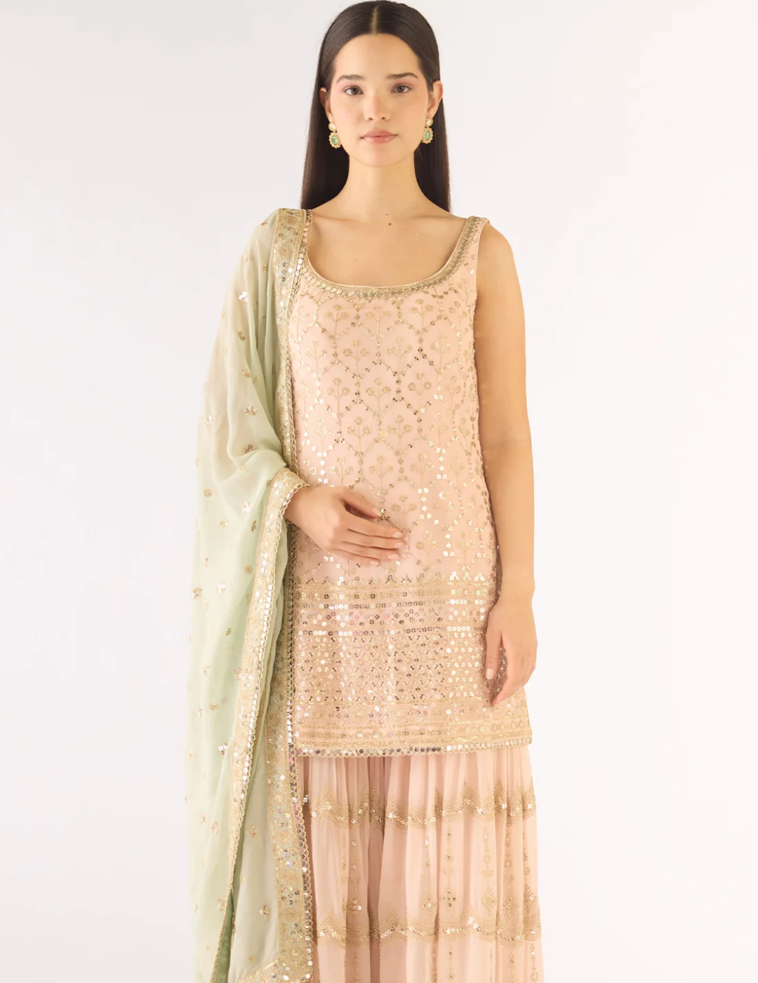 Peach Georgette Embroidered Sharara Set