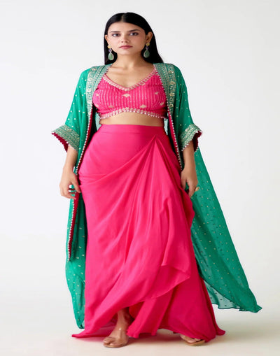 Green Georgette Embroidered Cape Set