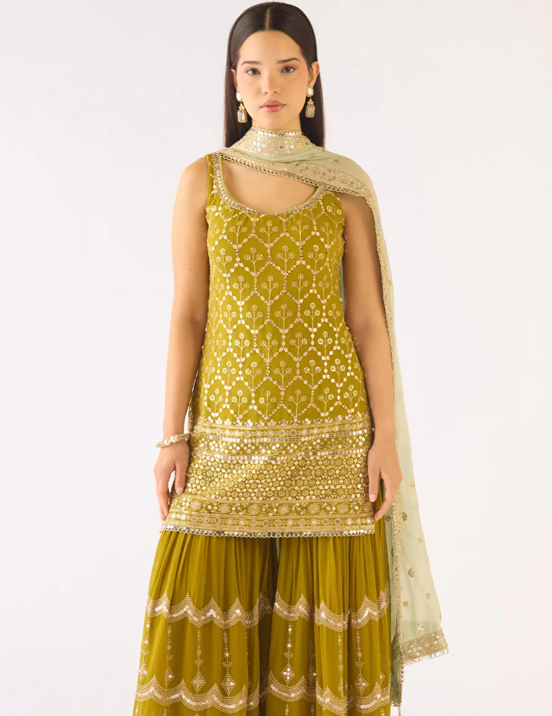 Lime Georgette Embroidered Sharara Set