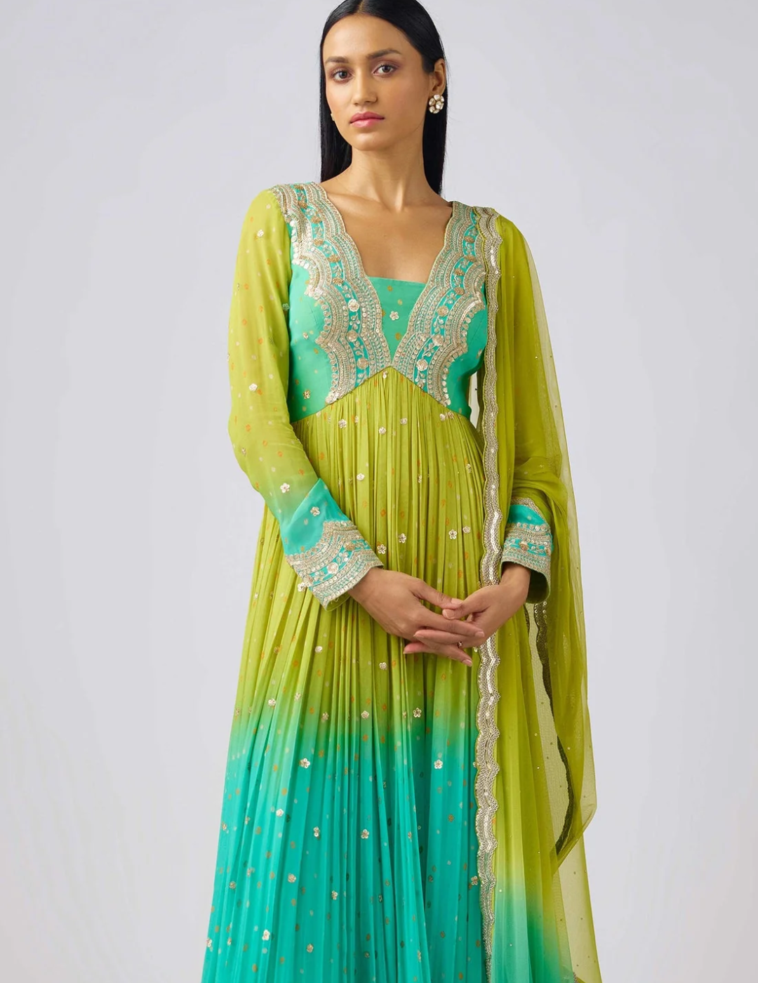 Lime Georgette Embroidered Anarkali Set