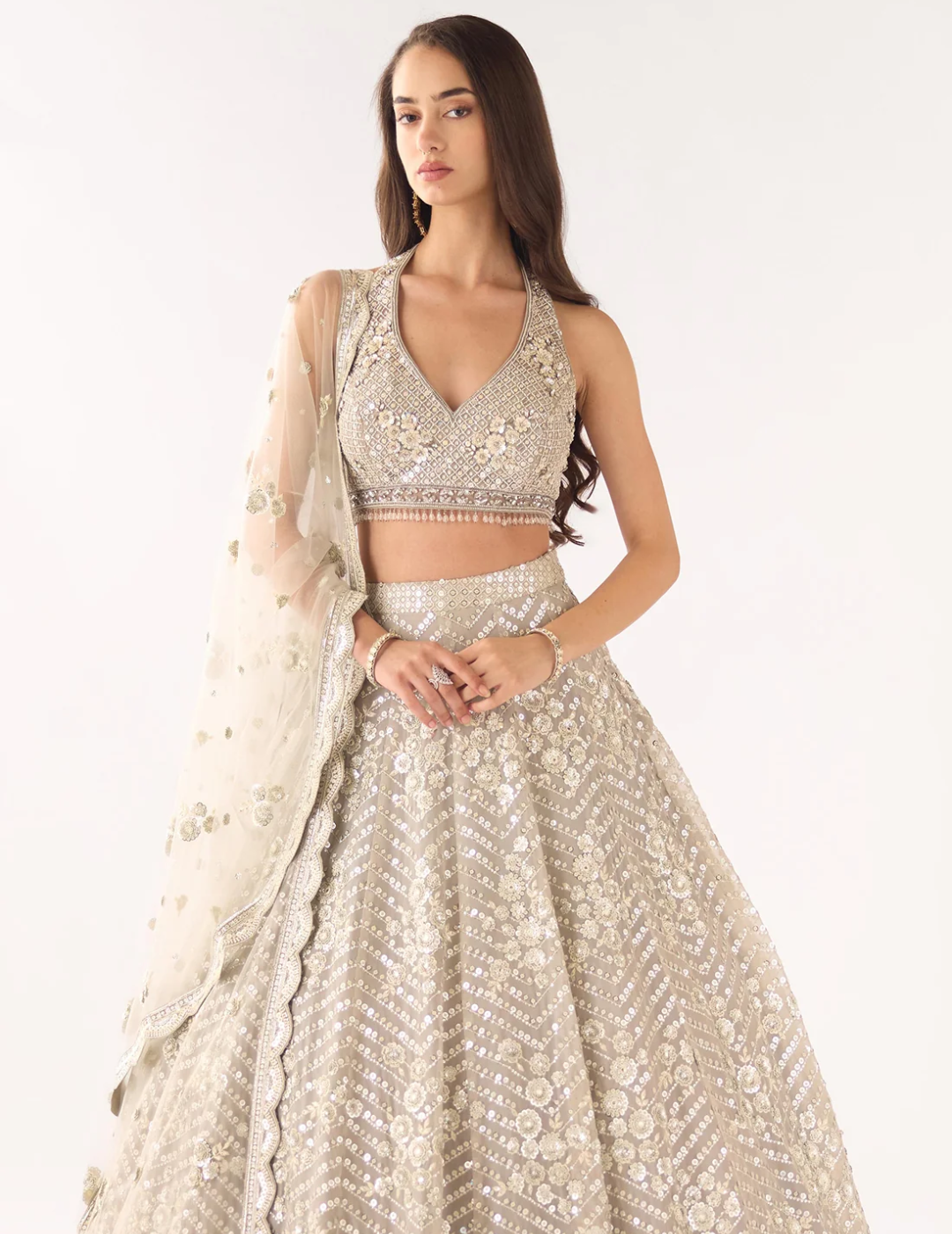 Grey Organza Embroidered Lehenga Set