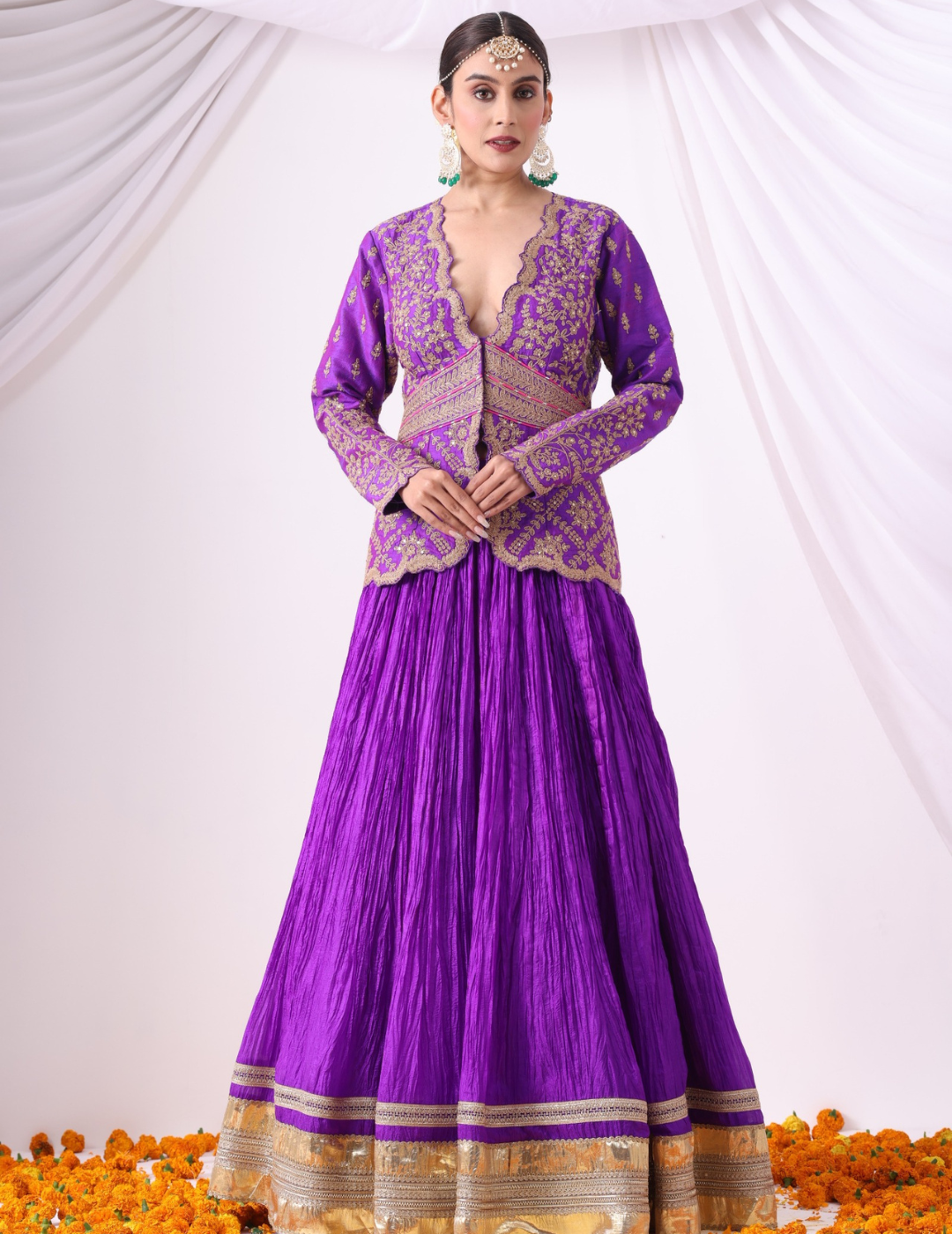 Aabha Violet Crushed Silk Skirt Set