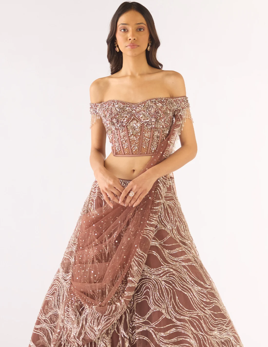 Brown Soft Net Embroidered Lehenga Set