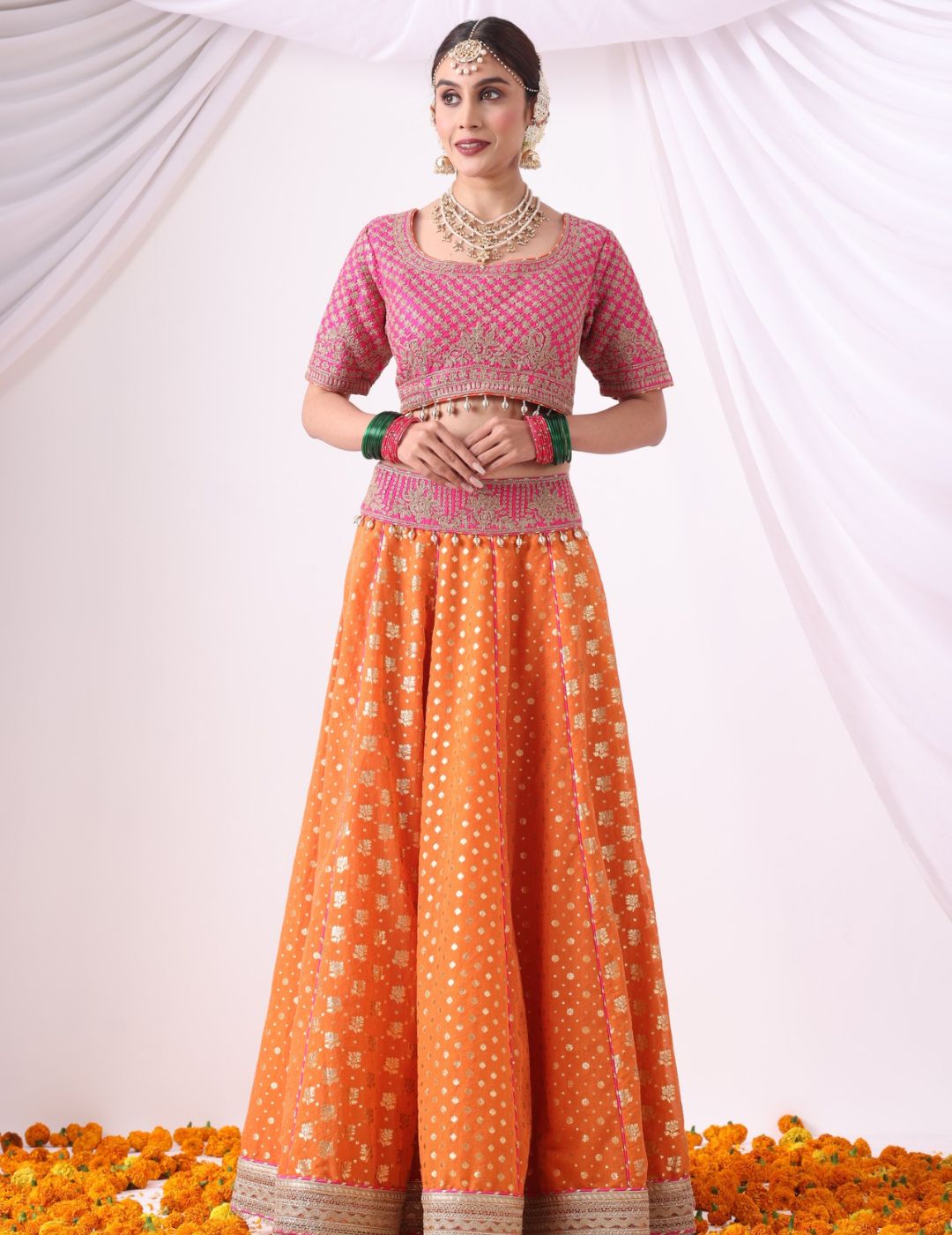 Ruhani Orange & Magenta Zari Buti Chanderi Lehenga Set