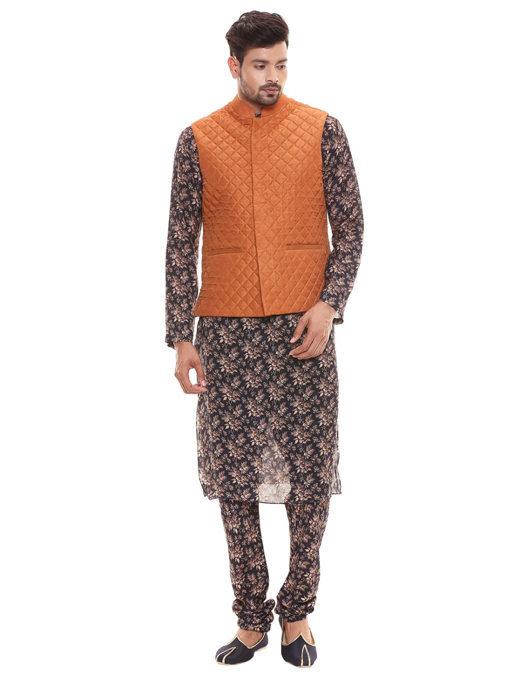 Applique Floral Kurta Set With Chudidaar And Quilted Sleeveless Jacket
