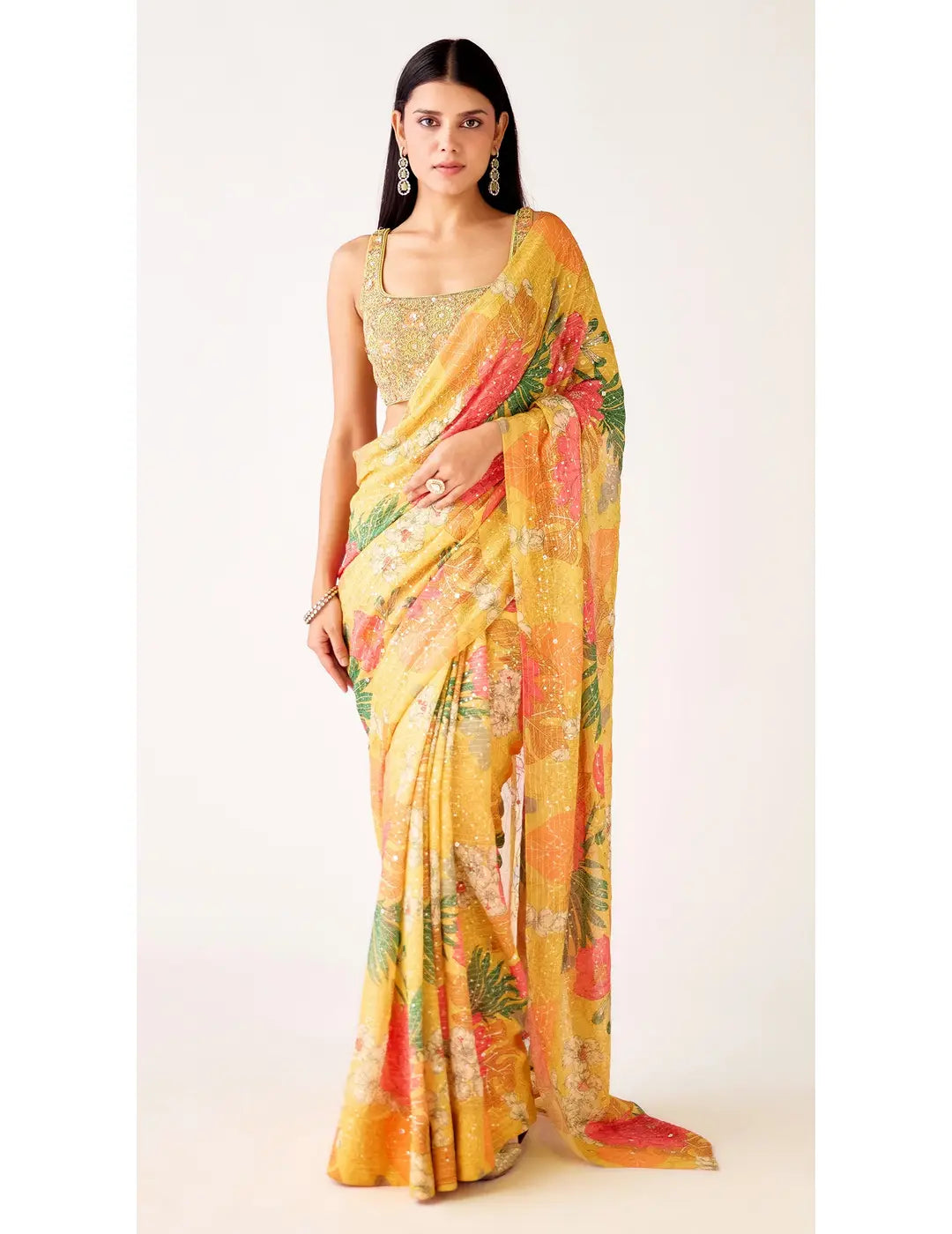 Mustard Georgette Embroidered Saree