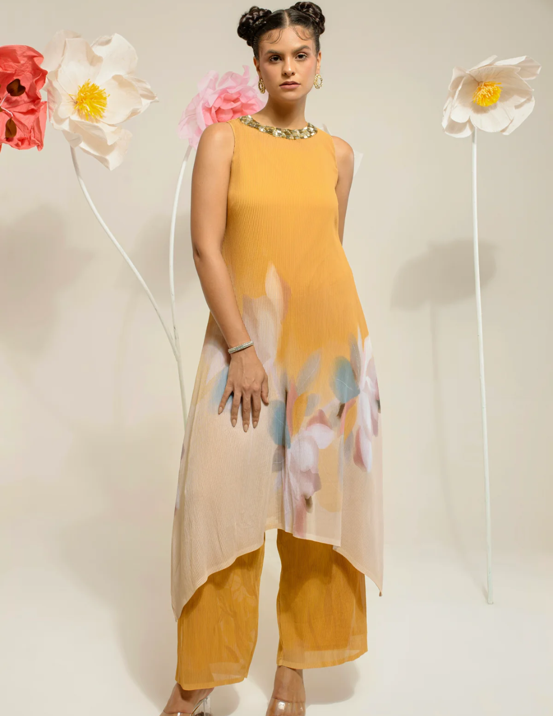 Butterscotch Yellow Sunshade Stand Collar Kurta Set