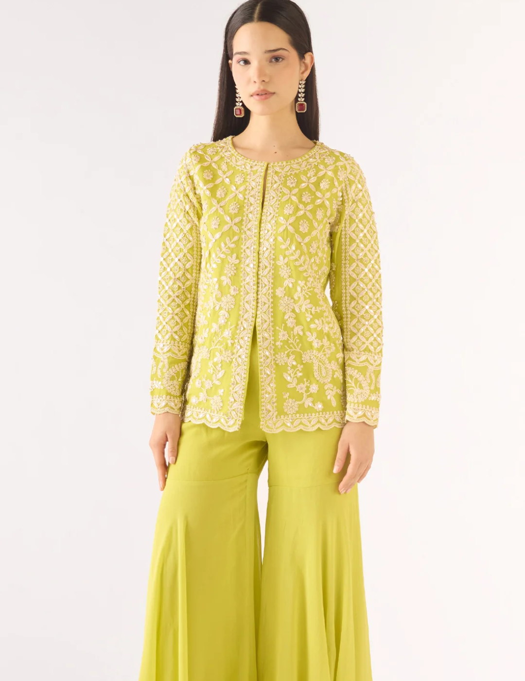 Lime Georgette Embroidered Sharara Set