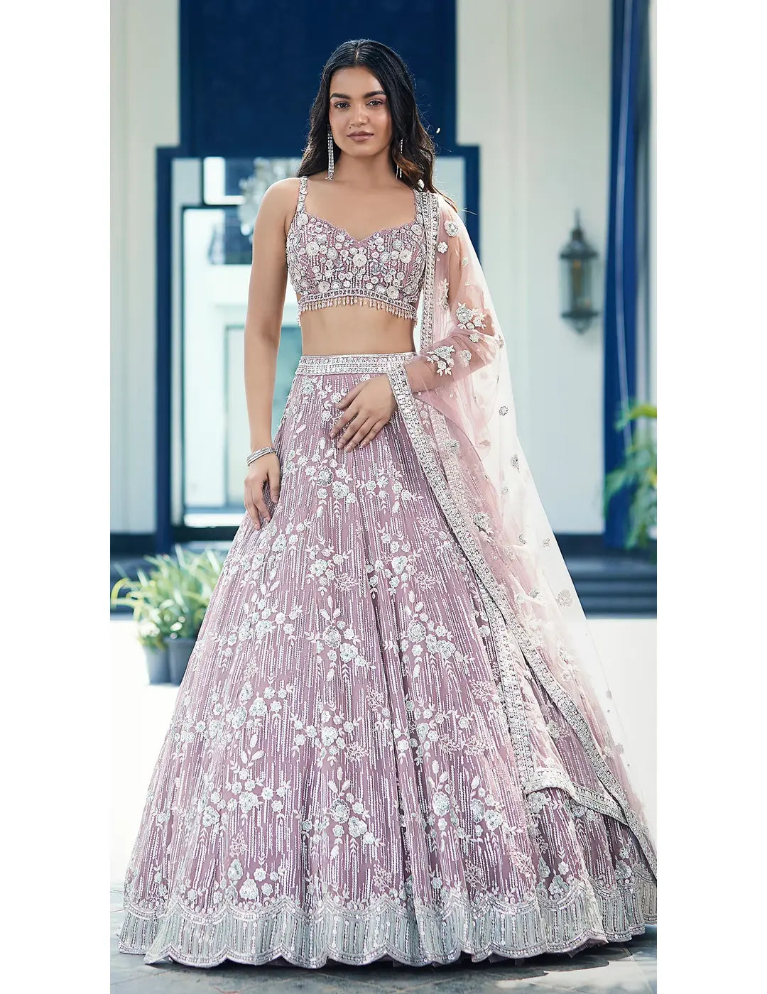 Mauve Organza Embroidered Lehenga Set