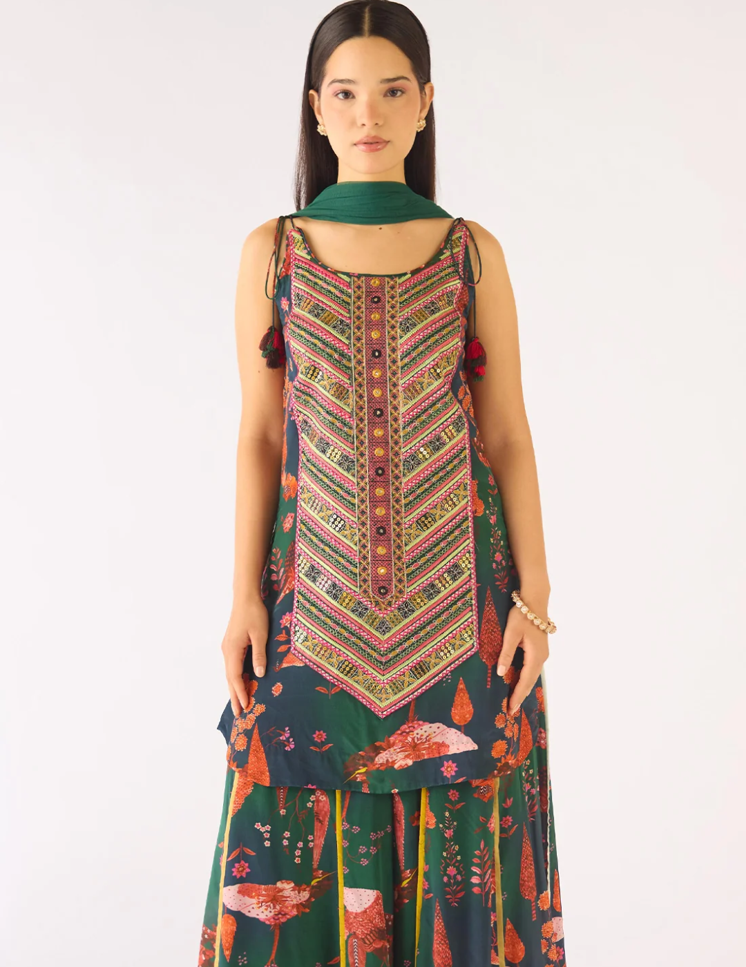 Green Crepe Embroidered Sharara Set