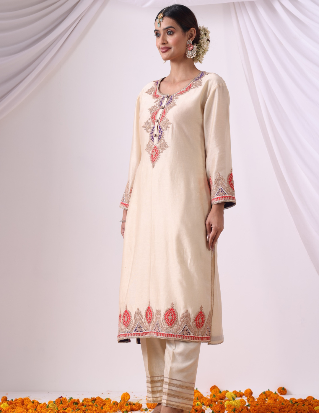 Saanvi Ivory Embroidered Kurta Set with Palazzo & Dupatta
