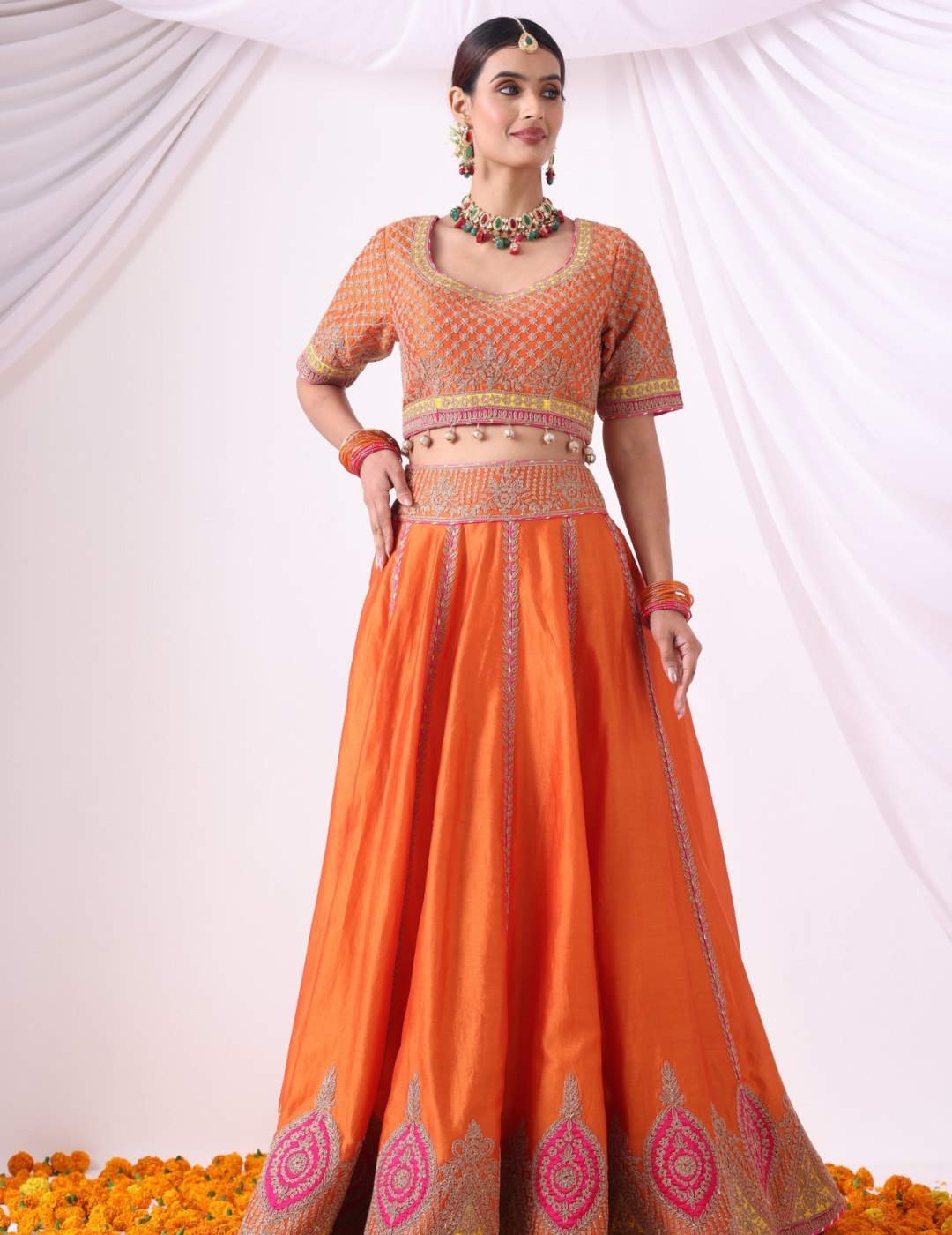 Surya Orange Zari Embroidered Chanderi Lehenga Set
