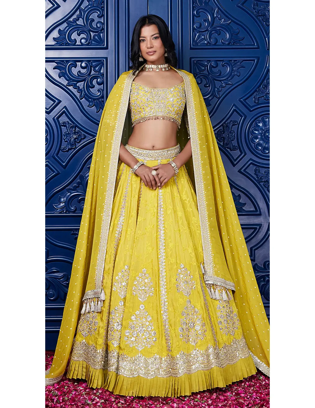 Yellow Tissue Silk Embroidered Lehenga Set