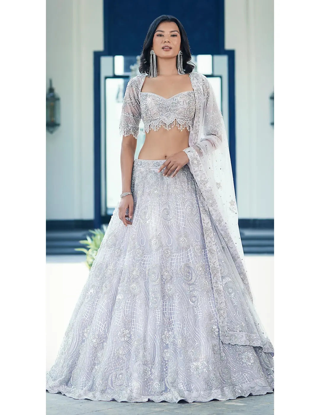 Lilac Embroidered Net Lehenga Set