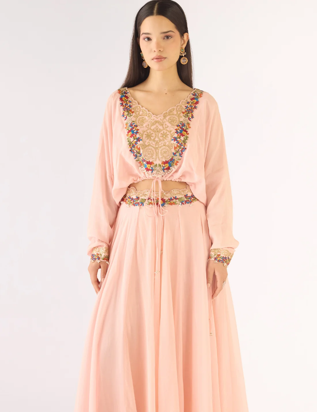Pink Satin Crepe Embroidered Skirt Set