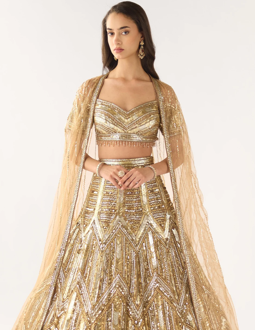 Gold Soft Net Embroidered Lehenga Set