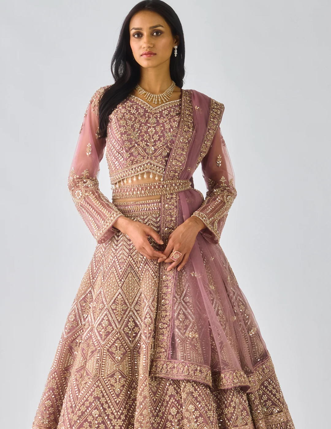 Peach Net Embroidered Lehenga Set