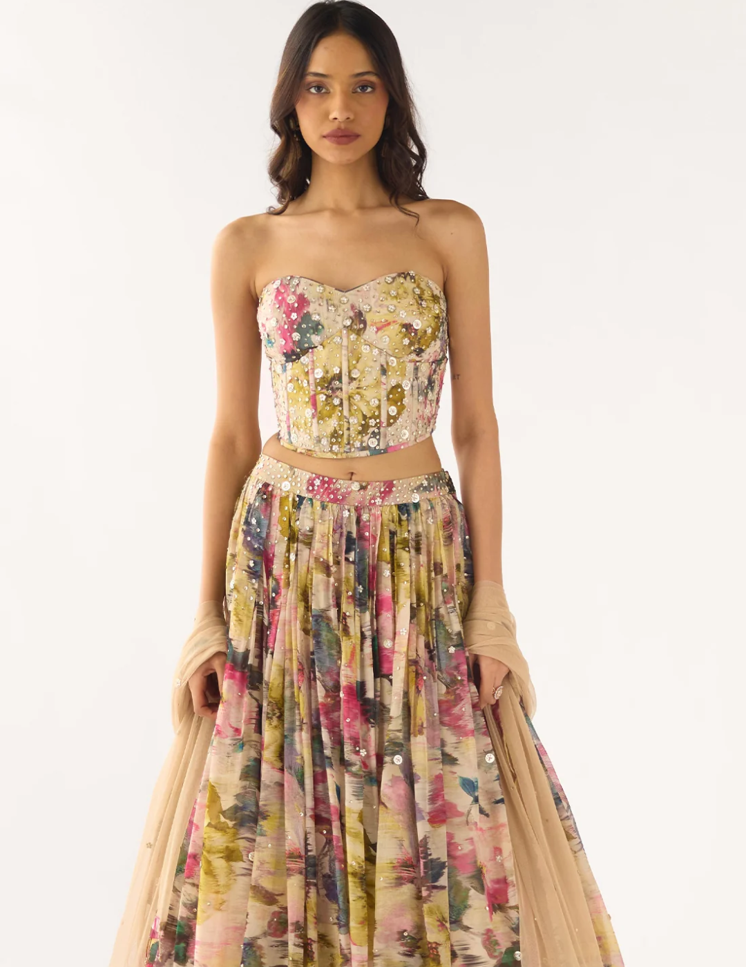 Beige Organza Embroidered Lehenga Set