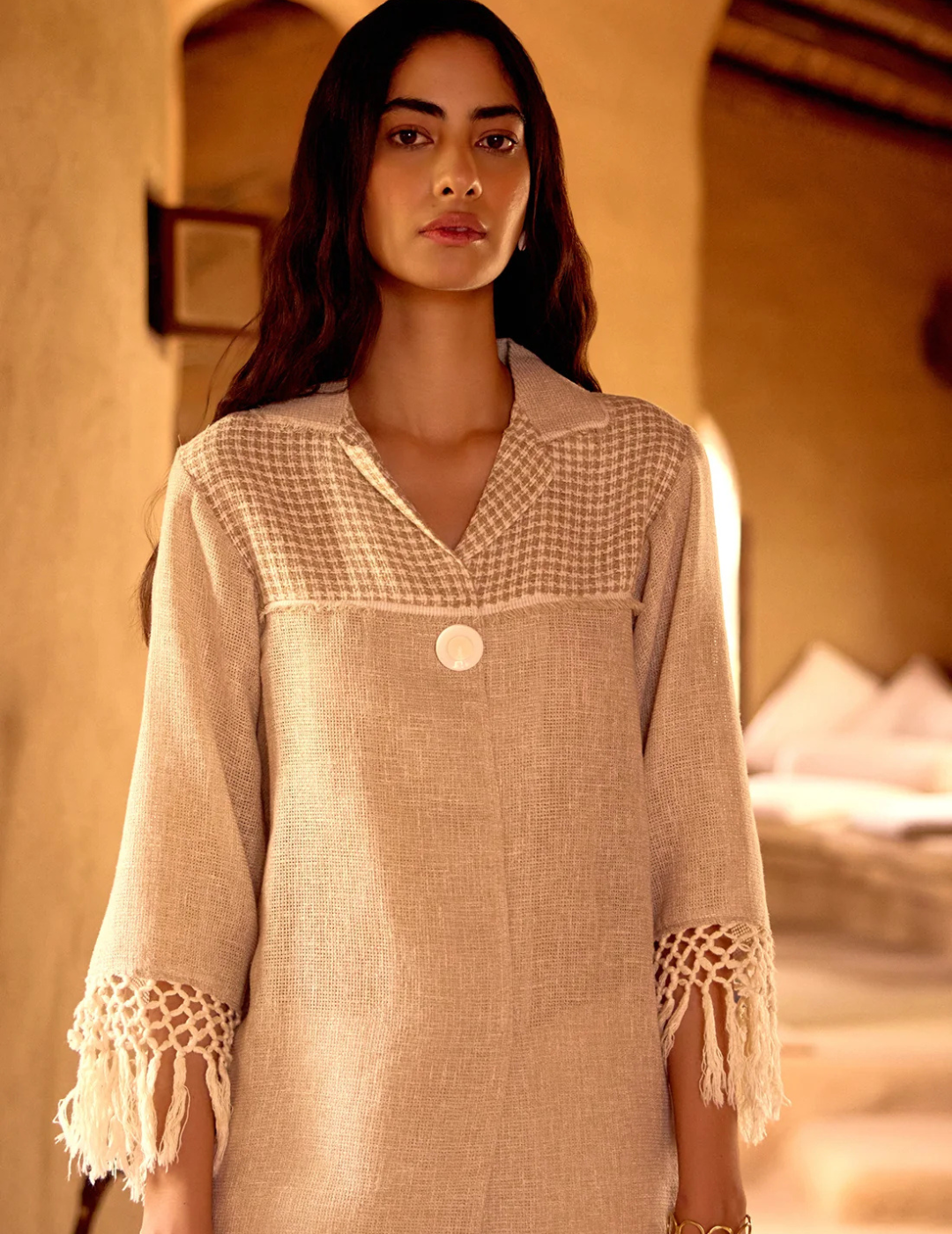 Ivory Stone Drift Embroidered Jute Shirt