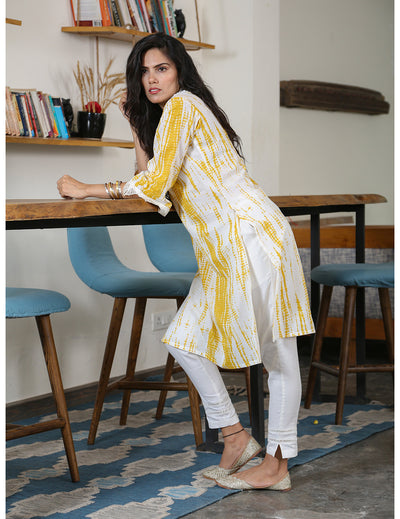 Yellow Shibori Print Straight Cotton Kurta