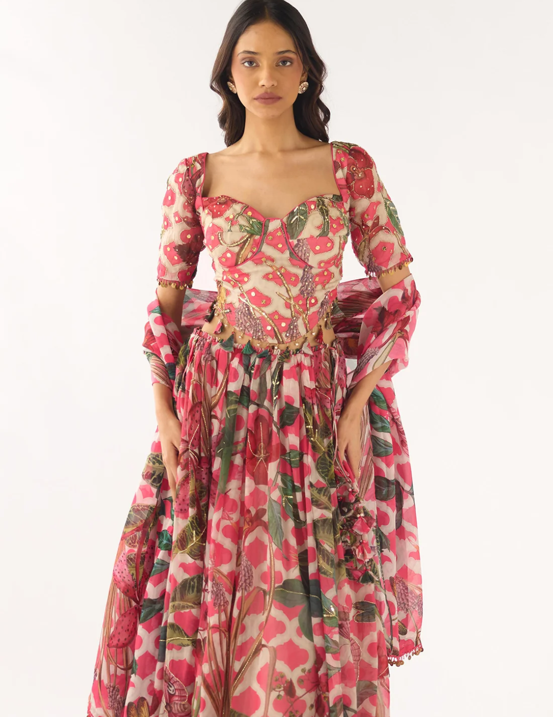 Pink Organza Embroidered Lehenga Set