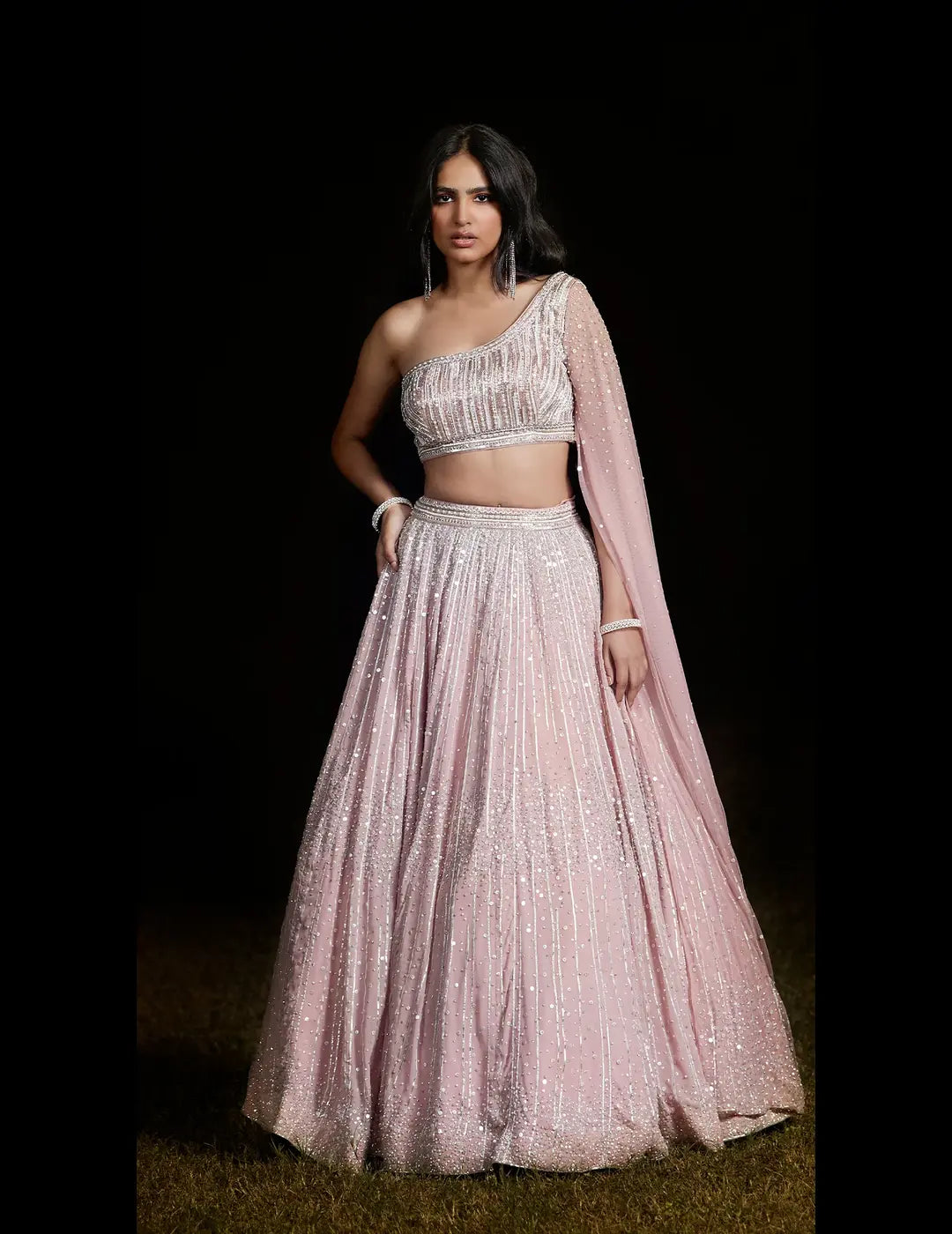 Pink One Shoulder Embroidered Lehenga