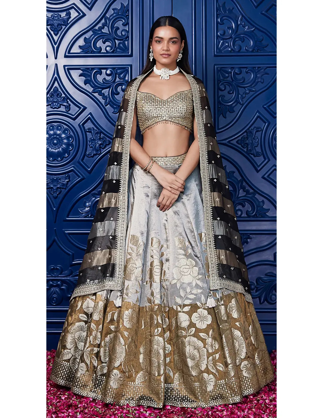 Brown Banarasi Weave Embroidered Lehenga Set