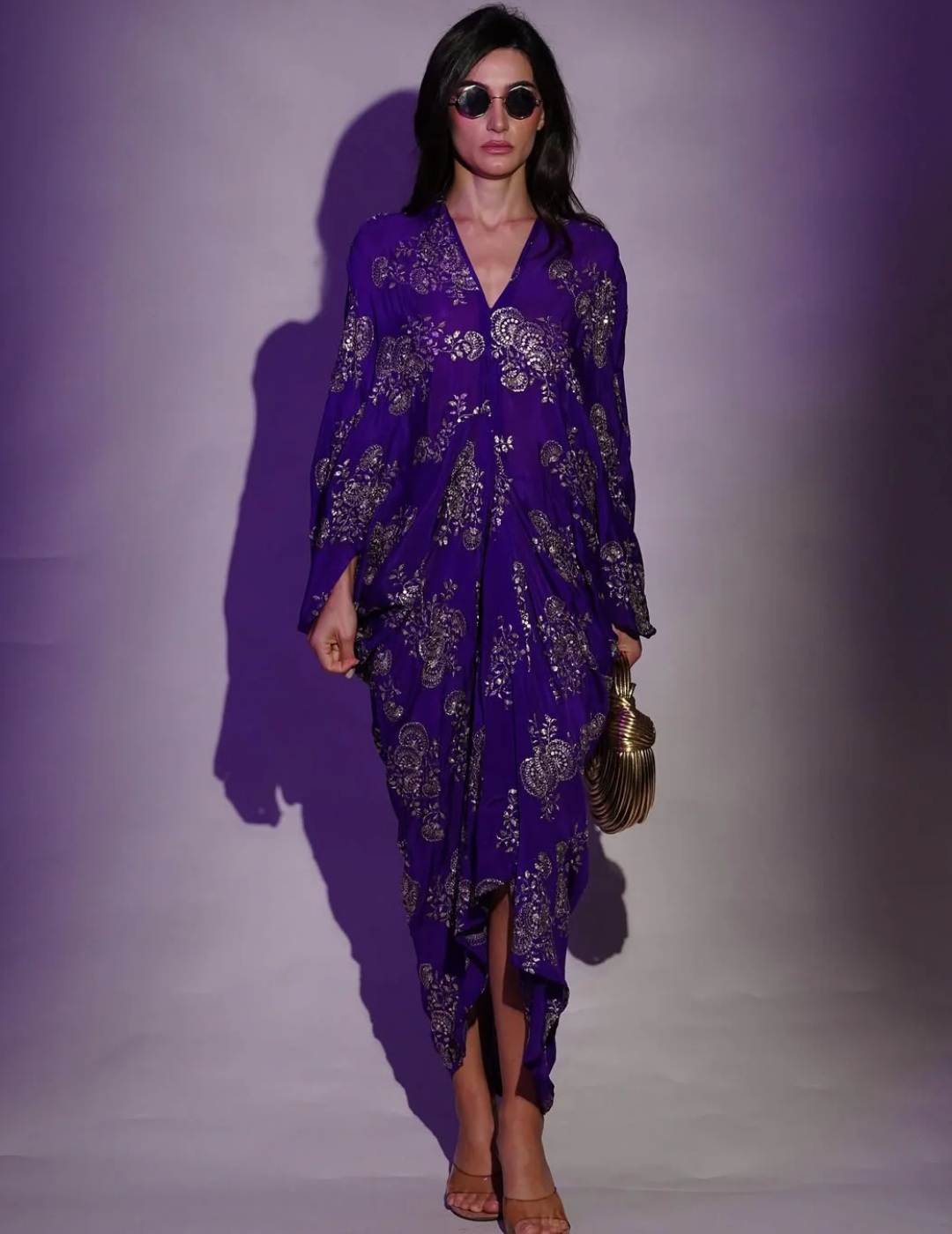 Royal Purple Chinon Embroidered Midi Dress