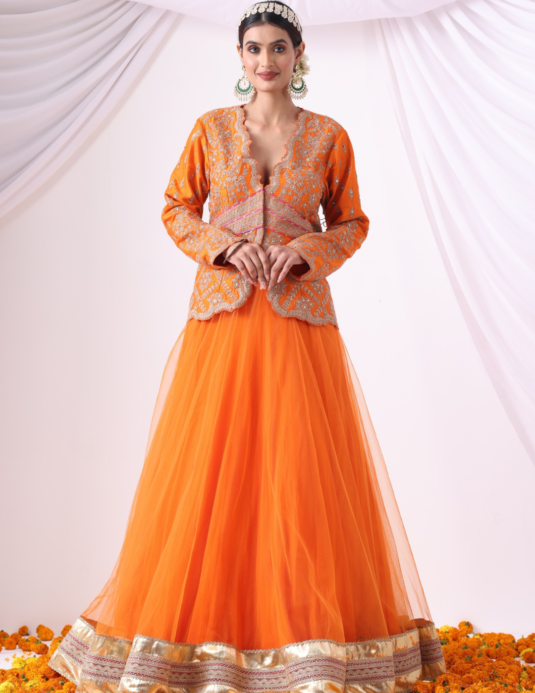 Tej Orange Net Skirt Set