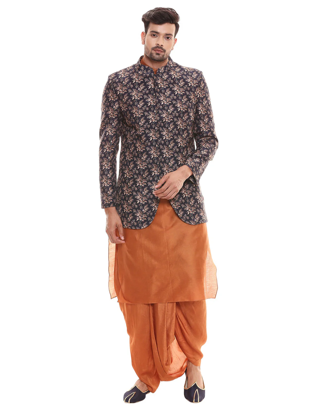 Rust Orange Collared Kurta With Dhoti Pants Paired With Applique Floral Jacket
