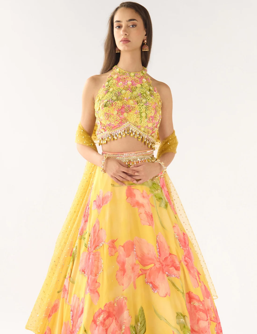 Yellow Georgette Embroidered Lehenga Set